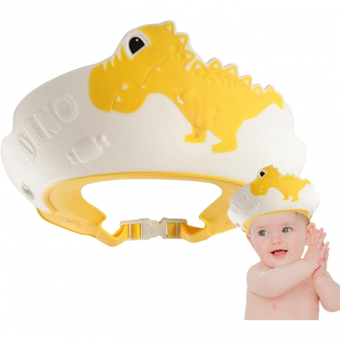 Viziera de Protectie Baie Pentru Copii, Fippy, Model Dinozaur, Dimensiune ajustabila, Durabil, Usor de curatat, Impotriva Samponului, pentru Ochi si Urechi, TPE+PP, 22x21 cm, Galben [4]
