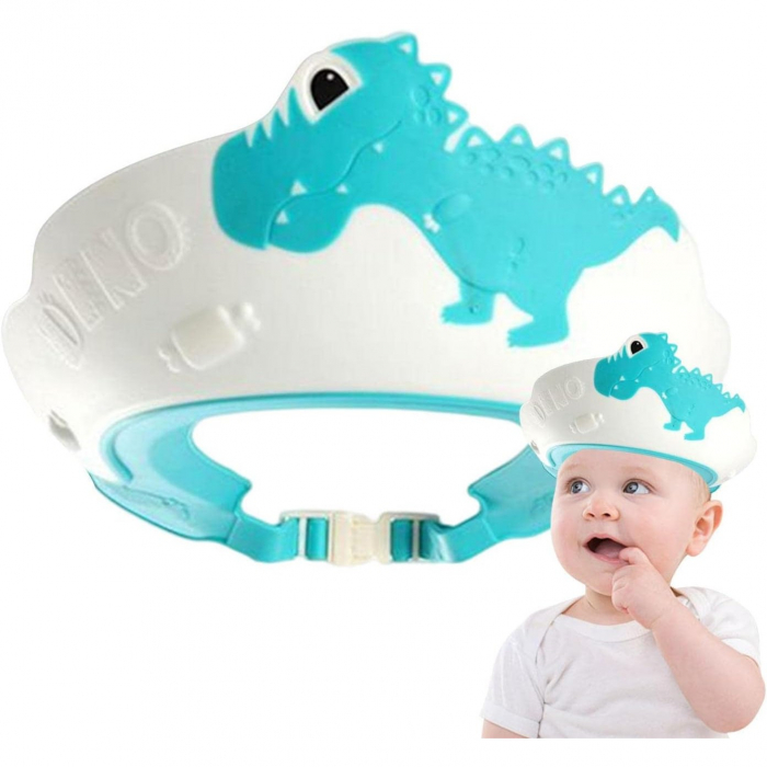 Viziera de Protectie Baie Pentru Copii, Fippy, Model Dinozaur, Dimensiune ajustabila, Durabil, Usor de curatat, Impotriva Samponului, pentru Ochi si Urechi, TPE+PP, 22x21 cm, Albastru [5]