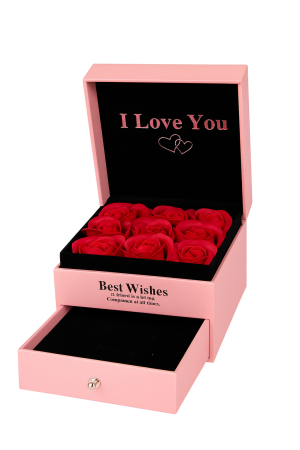 Aranjamente florale si cadouri - Cutie cadou cu 9 trandafiri de sapun rosii, model cu sertar, punga inclusa, 11x8 cm