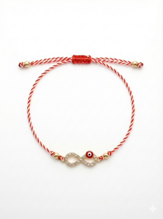 Set 12 bratari martisor cu simbol infinit si ochi norocos, snur reglabil rosu-alb [1]