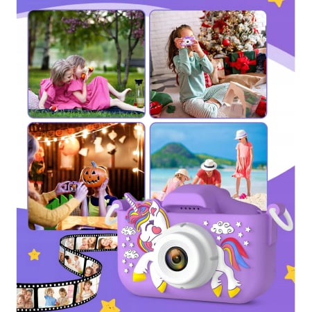 Camera foto digitala pentru copii 4800 MP, 8x zoom, model unicorn mov, 13x12cm [1]