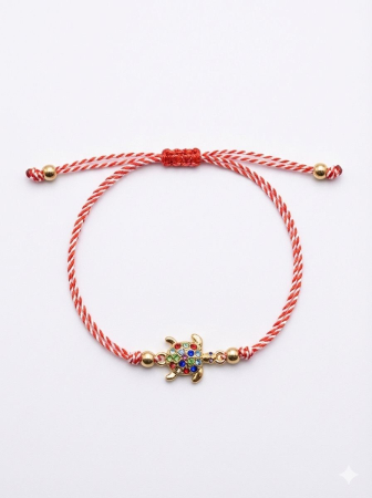 Set 12 bratari martisor testoasa aurie cu strasuri colorate, snur alb rosu, 20x11cm [1]