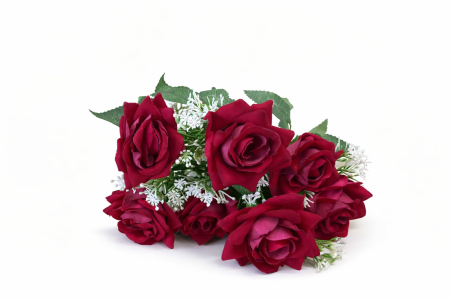 Buchet artificial deosebit cu 7 trandafiri catifelati visiniu si flori decorative 30 cm [2]