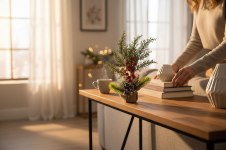 Aranjament decorativ de Craciun cu con, fructe rosii si baza tip sac, 33cm [2]