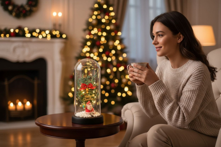 Decoratiune Craciun sub cupola transparenta cu brad, fundita si figurina Mos Craciun – model luminos Merry Christmas, 22x11x11cm [2]