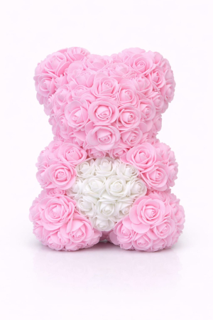 Aranjamente florale - Ursulet decorativ din trandafiri din spuma roz deschis cu inima alba in cutie transparenta