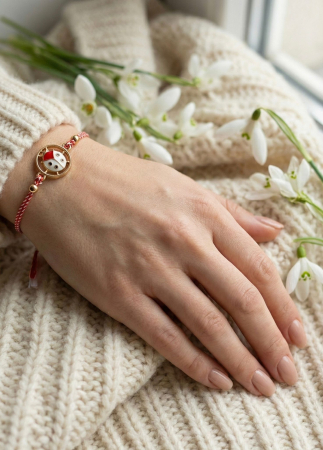 Set 12 Bratari Martisor Buburuza in Medalion Auriu, Snur Rosu Reglabil, 20x11 cm [2]