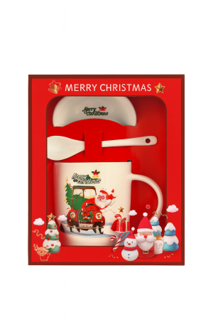 Cani tematice Craciun Engros - Set Cana Craciun cu Lingurita si Farfurioara – Model Mos Craciun cu Masina