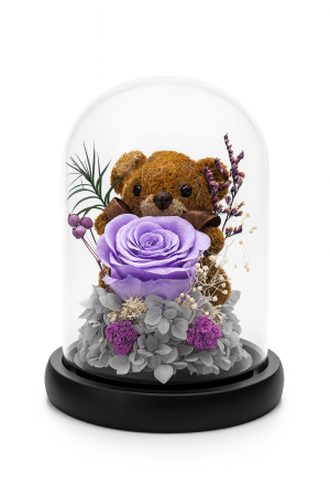 Idei de Cadouri Engros - Cupola 19x11 cm cu Ursulet si Trandafir Criogenat Mov Decor Cadou Premium