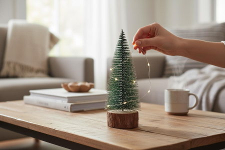 Brad decorativ cu lumini led cu baza din lemn – model cu zapada, pentru decor Craciun, 16cm [1]