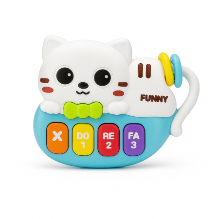 Jucarii interactive - Pian Muzical pentru Bebe – Animal Piano Funny Cat, 19x17 cm, Lumini si Sunete, 18+ luni