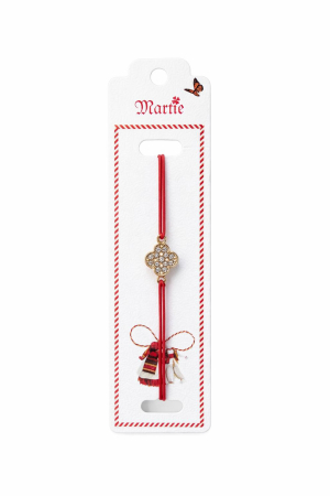 Bratara Martisor - Set 24 Bratari Martisor cu Floare Aurie si Strasuri, Snur Rosu Elastic