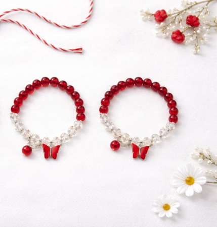 Set 12 bratari martisor cu margele cristal alb rosu si fluturas rosu 23x15 cm [1]