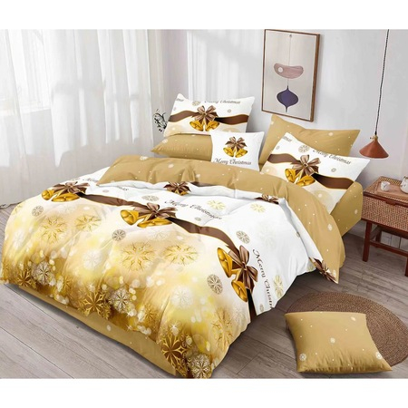 Lenjerii de pat Pucioasa Engros - Lenjerie Pat Finet 6 Piese – Model Craciun Auriu cu Fundite & Fulgi, 200x230 cm
