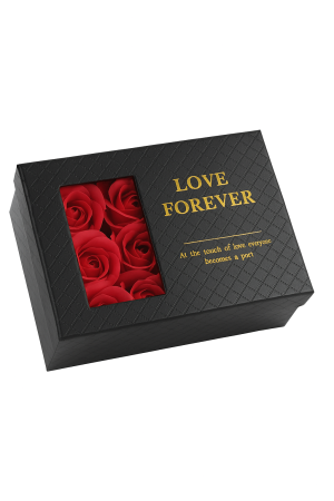 Set cadou Love Forever cu 6 trandafiri din sapun, cutie luxury cu capac transparent, negru elegant, 12.5x9.5x5 cm [2]