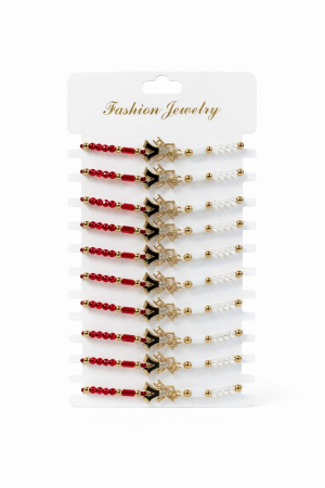 Bratara Martisor - Set 12 Bratari Martisor cu Cosar Auriu si Strasuri, Margele Rosii si Albe, 20x11 cm