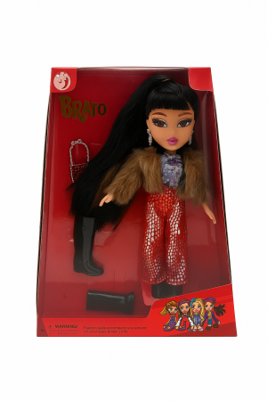 Papusi si accesorii - Papusa Brato Fashion cu pantaloni rosii, haina blanita si par lung negru, 29.5x22.5 cm, jucarie fete 3+ ani