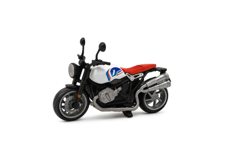 Machete si jucarii de metal - Motocicleta Metalica Die-Cast – Model Retro Cafe Racer Alb cu Sa Rosie, 19x9 cm
