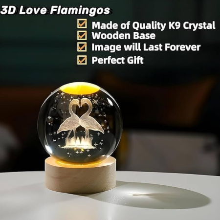 Glob Cristal 3D cu Pasari inima, LED si Baza Lemn, Decor Romantic 6 cm [3]