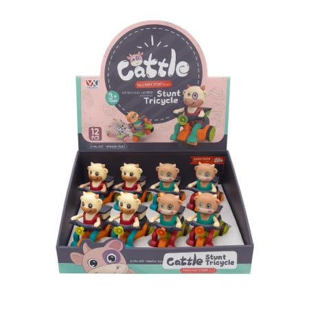 Vehicule, masinute, avioane, tancuri - Set 12 jucării mecanice vițeluș pe tricicletă, pull back, pentru copii 3+ ani