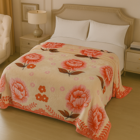 Paturi cocolino Engros - Patura Cocolino 200x230 crem cu flori roz portocaliu, pufoasa pentru pat dublu