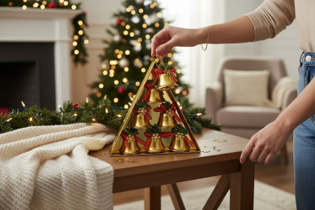 Set clopotei decorativi aurii cu fundita rosie si zapada artificiala 6 buc, 18.5x18.5cm [1]