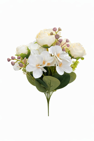 Flori Artificiale - Buchet artificial crem delicat cu trandafiri si camelie pe fir unic 30 cm