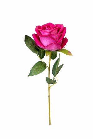 Idei de Cadouri - Trandafir artificial fucsia cu petale catifelate si frunze 46 cm calitate superioara