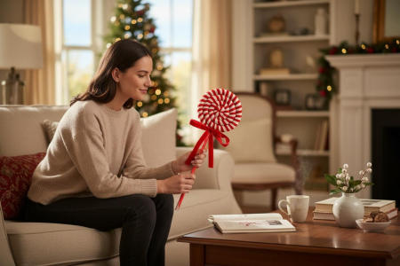 Set 12 decoratiuni acadea rosie pentru brad, 23 cm, model candy Craciun [1]