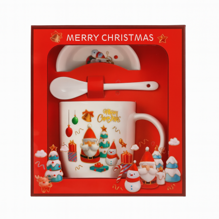 Cani tematice Craciun Engros - Set Cana Craciun cu Lingurita si Farfurioara – Merry Christmas Gift Box