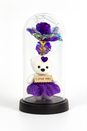 Cupole cu flori din plastic - Cupola 22x11cm cu Ursulet Elegant si Trandafir Multicolor LED – Cadou Romantic