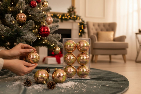 Set 6 globuri bronz lucioase cu sclipici verde – ornamente brad Craciun, 23x15.5x7.5cm [1]