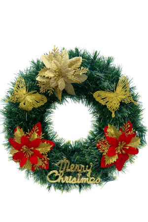 Coronite Engros - Corona Craciun Decorativa cu Flori si Fluturi Merry Christmas, 37cm