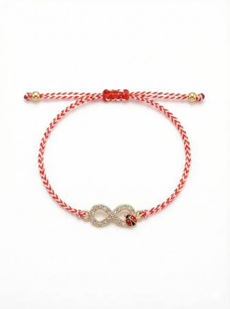 Set 12 bratari martisor infinit auriu cu strasuri si buburuza, snur alb rosu, 20x11cm [1]