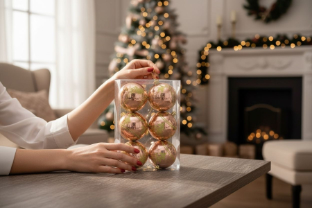 Set 6 globuri bronz lucioase cu sclipici verde – ornamente brad Craciun, 23x15.5x7.5cm [2]