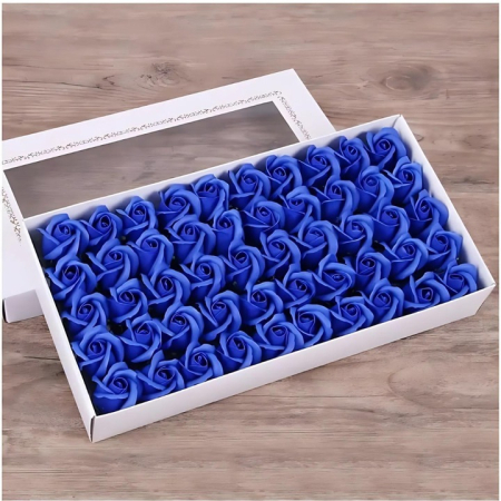Cutie 50 trandafiri albastri din sapun – flori artificiale parfumate pentru cadouri si decor [1]