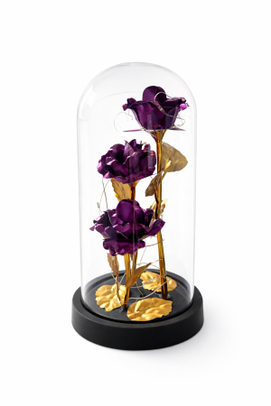 Cupola plastic cu 3 trandafiri mov LED, decor luminos elegant, 20 cm, cutie cadou [1]