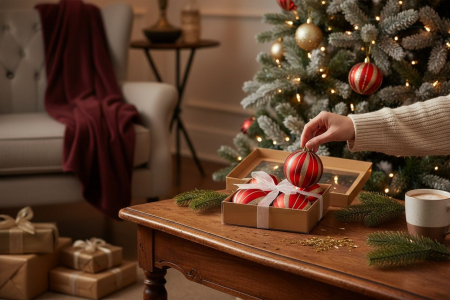 Set 4 globuri rosu cu sclipici auriu – ornamente brad Craciun, 16x16x7cm [2]