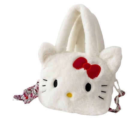 Jocuri si Jucarii - Geanta Pufos Fete, Model Pisicuta Alba cu Fundita Rosie, 25x20 cm, Stil Cute