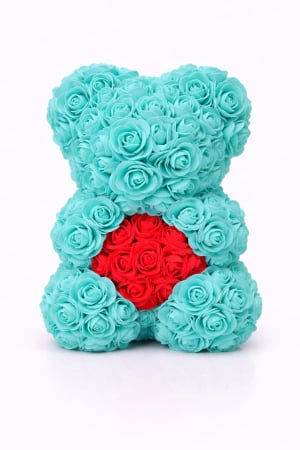 Aranjamente florale - Ursulet decorativ din trandafiri din spuma verde menta cu inima rosie in cutie transparenta