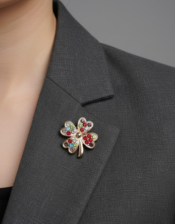 Set 12 brose martisor trifoi auriu cu strasuri colorate 15x9cm [2]