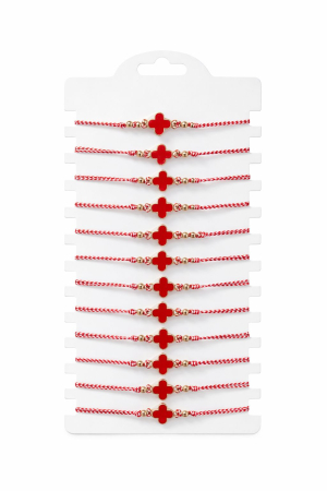 Martisoare - Set 12 Bratari Martisor Trifoi Rosu Auriu, Snur Alb-Rosu Reglabil, 20x11 cm