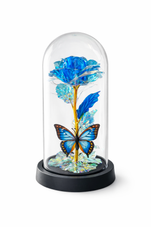 Cupola plastic cu trandafir albastru si fluture decorativ LED, cutie cadou inclusa, 20 cm inaltime [1]
