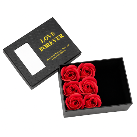 Set cadou Love Forever cu 6 trandafiri din sapun, cutie luxury cu capac transparent, negru elegant, 12.5x9.5x5 cm [1]