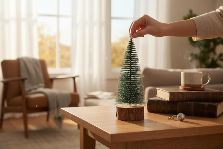 Brad decorativ cu lumini led cu baza din lemn – model cu zapada, pentru decor Craciun, 16cm [2]