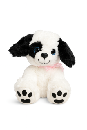 Jocuri si Jucarii - Catelus Plus Alb-Negru 25 cm – Jucarie Pufosa cu Fundita Roz