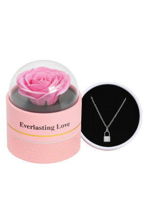 Cupole cu flori din plastic - Cutie Cadou Luxury cu Trandafir din Sapun si Colier, Cupola 11x11x11cm, Best Wishes