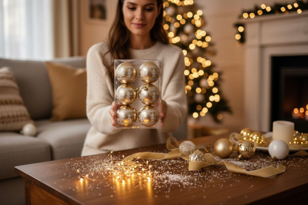 Set 6 globuri aurii lucioase cu fulgi si braduti – ornamente brad Craciun, 23x15.5x7.5cm [2]