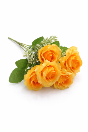 Buchet 7 trandafiri artificiali galben intens, frunze si boboci decorativi 30cm [1]