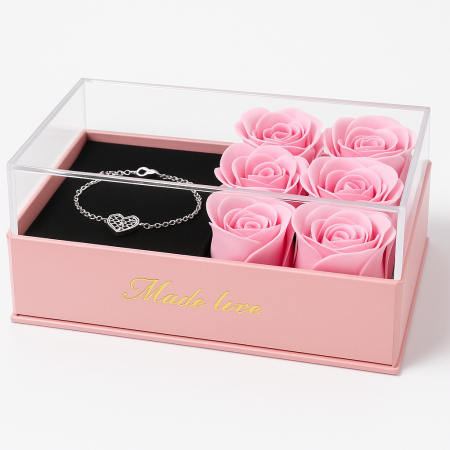 Aranjamente florale - Set cadou cu 6 trandafiri din sapun roz si bratara, cutie eleganta cu capac transparent, 14x9x5 cm